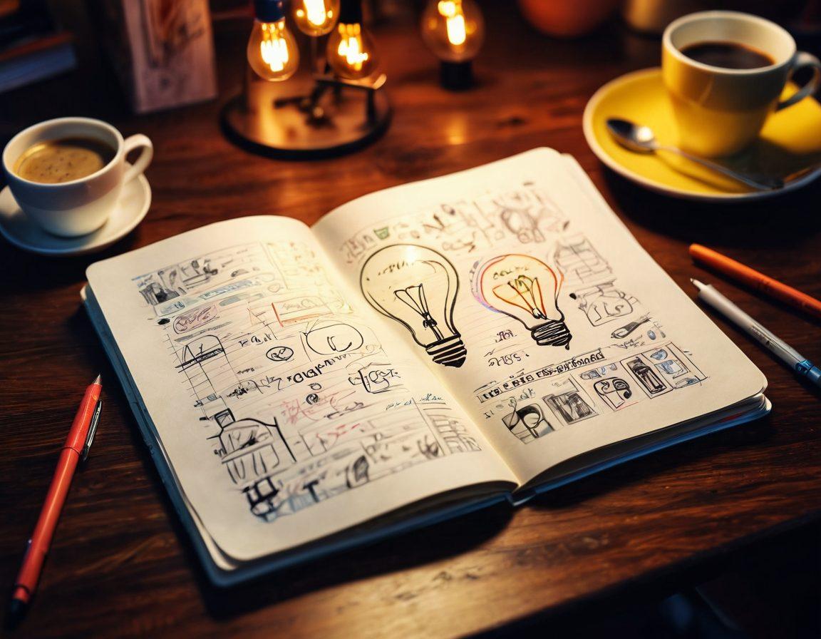 An open notebook with vibrant sketches and colorful notes scattered around, symbolizing creative ideas. Include a light bulb glowing above the notebook, signifying inspiration. In the background, a cozy coffee shop scene with people happily writing. Capture an inviting and energetic atmosphere. super-realistic. vibrant colors. warm lighting.