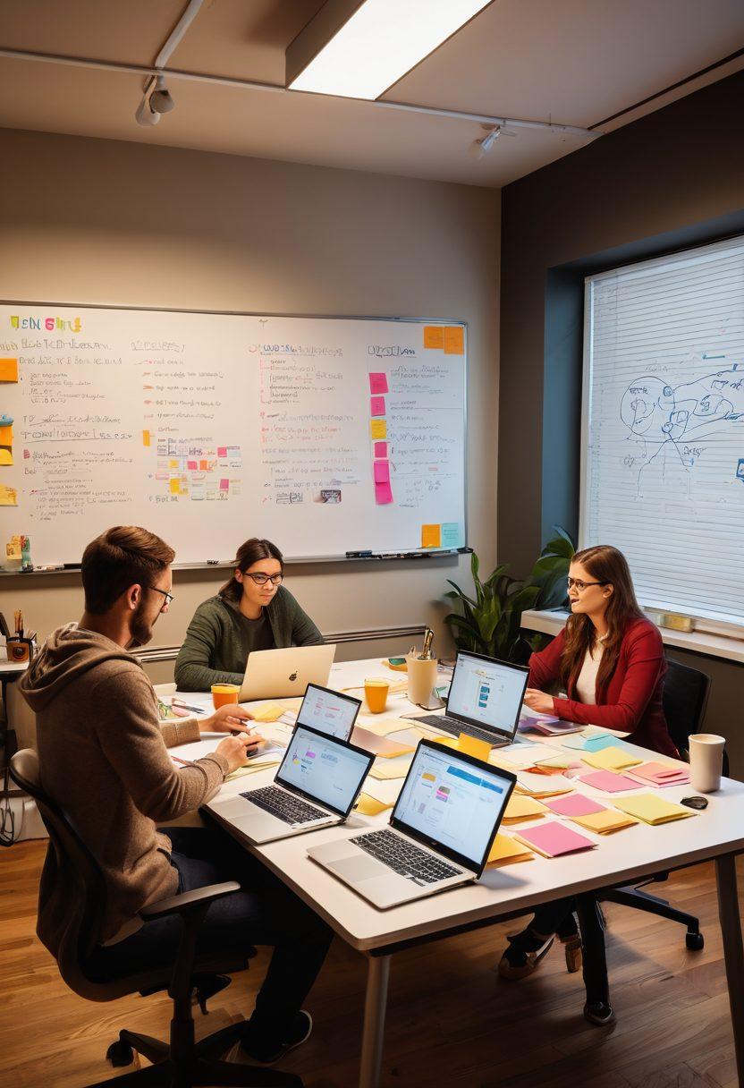 A vibrant and dynamic workspace featuring a diverse group of creatives brainstorming ideas. Include opened laptops, colorful sticky notes, and coffee cups scattered around. Highlight an illuminated whiteboard with sketches and strategic plans. Capture an energetic atmosphere with warm lighting and a focus on collaboration. super-realistic. vibrant colors. cozy ambiance.