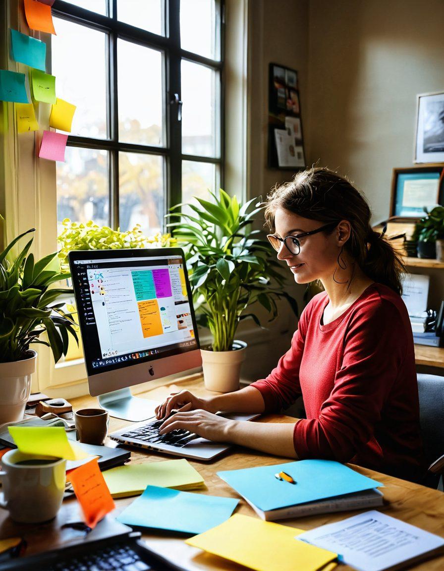 A visually dynamic scene illustrating a person joyfully typing on a laptop at a cozy desk, surrounded by colorful sticky notes filled with ideas, books on blogging, and a warm cup of coffee. Sunlight pours in through a window, highlighting a thriving indoor plant, symbolizing growth and creativity. The background features a vibrant digital display with uplifting blog statistics and charts. super-realistic. vibrant colors. cozy setting.